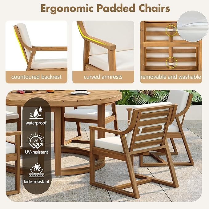 Merax 7 Pieces Outdoor Dining Set for 6 People, Acacia Wood Patio Furniture Sets with Round Table and Six Cushioned Chairs for Backyard, Garden, Lawn, Poolside, Tabletop with Umbrella Hole, Light Teak