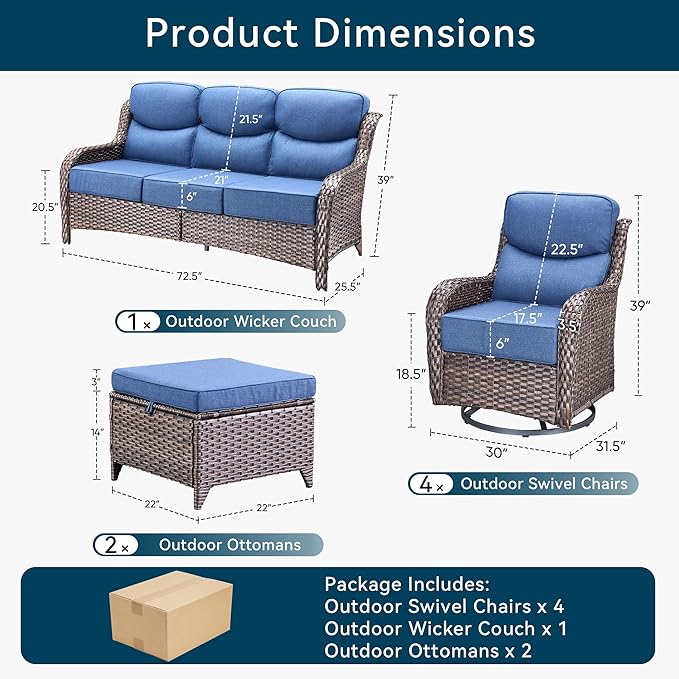 Luxury 7 Pieces Patio Furniture Set, Wicker Swivel Rocker Patio Chairs with 6" Thick Cushion, Outdoor Wicker Sofa with Coffee Table, All Weather Outdoor Conversation for Garden Porch(Brown/Blue)