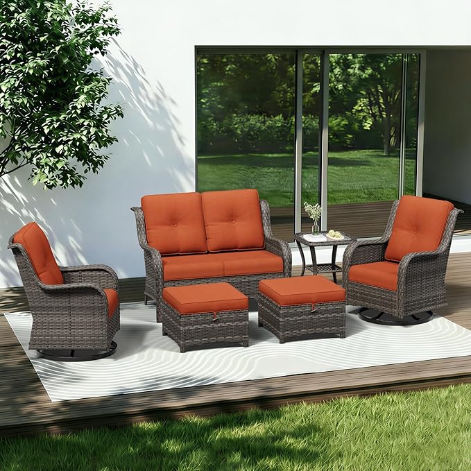 6 Piece Outdoor Wicker Patio Furniture Set, Outdoor Swivel Rocker Patio Chairs Set with Thickened Olefin Cushions, High Back and Deep Seating, Hand-Woven PE Rattan for Porch, Deck
