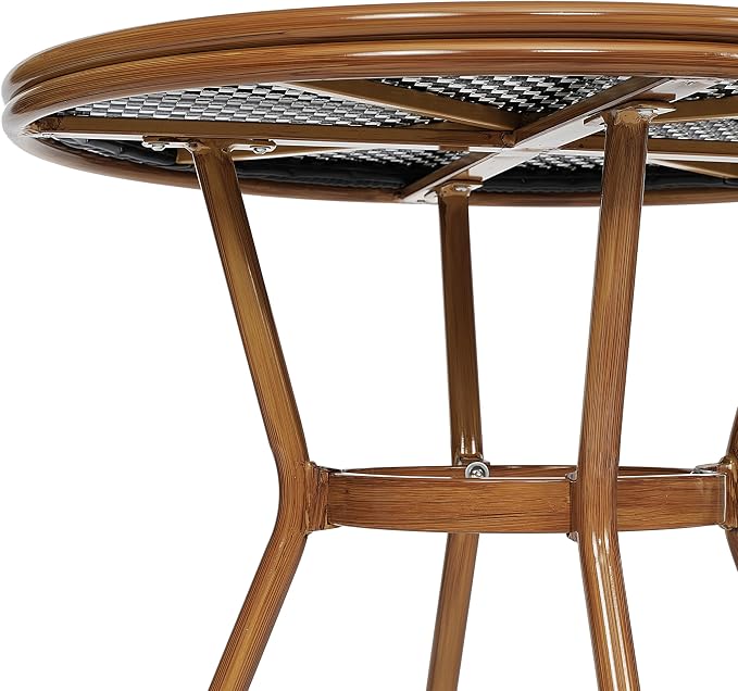 Flash Furniture Lourdes Indoor/Outdoor Commercial Bistro Table - Tempered Glass Top - PE Rattan - Natural Bamboo Print Aluminum Frame - 31.5" - Black/White