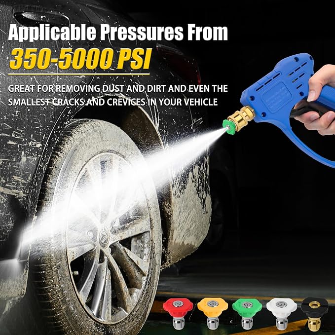 Stubby Swivel Pressure Washer Gun - 5000 PSI / 10 GPM with 3/8" Male Plug and 1/4” Quick Connector and M22-14mm M22-15mm Connector Comprise 5 Nozzle Tips - Compatible with Foam Cannon