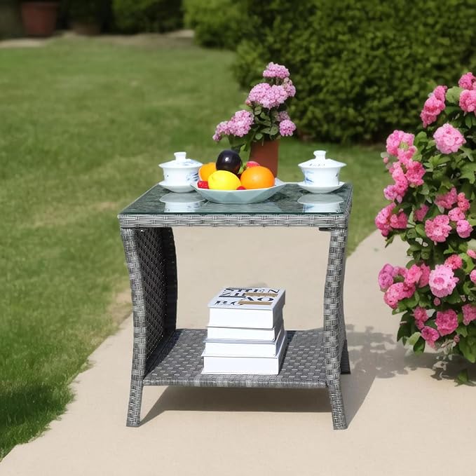 Outdoor Wicker Side Table, 19.25" Square Patio End Table with Tempered Glass Top & Storage Shelf, All-Weather Grey Rattan Coffee Table for Patio, Porch, Backyard, Poolside, Indoor & Outdoor Use