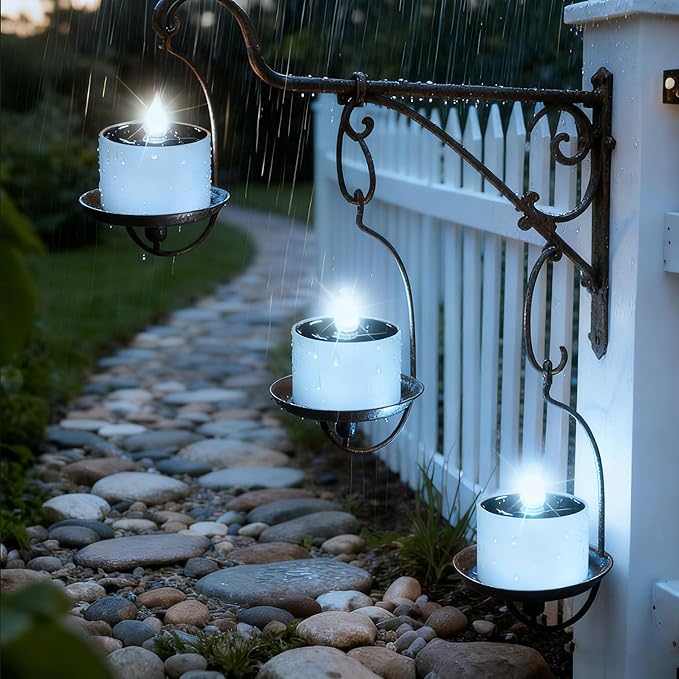 6 Pack Cool White Flickering Outdoor Waterproof Solar Powered Electric Candles, Solar LED Rechargeable Flameless Votive Candles, Flicker Battery Tea Lights Bulk for Outside Table Home Decor