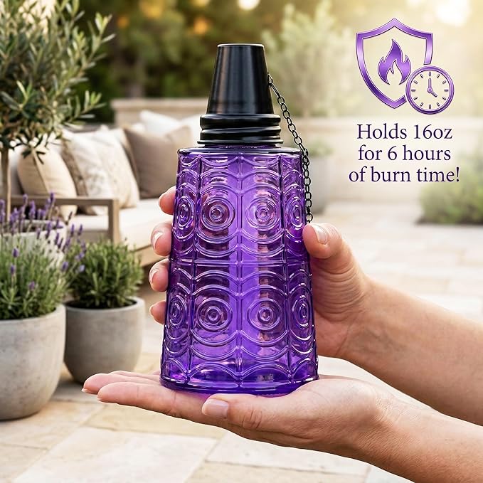 Seraphic Citronella Table Top Torches for Outdoor Patio, 16oz Decorative Glass Torch Citronella Candles for Outside Deck, Garden, Parties, Set of 3, Purple