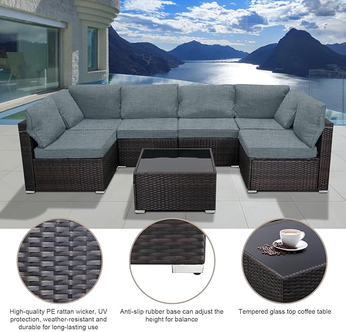7 Pieces Outdoor Patio Furniture Sets,Rattan Conversation Sectional Set,Manual Weaving Wicker Patio Sofa with Tea Table