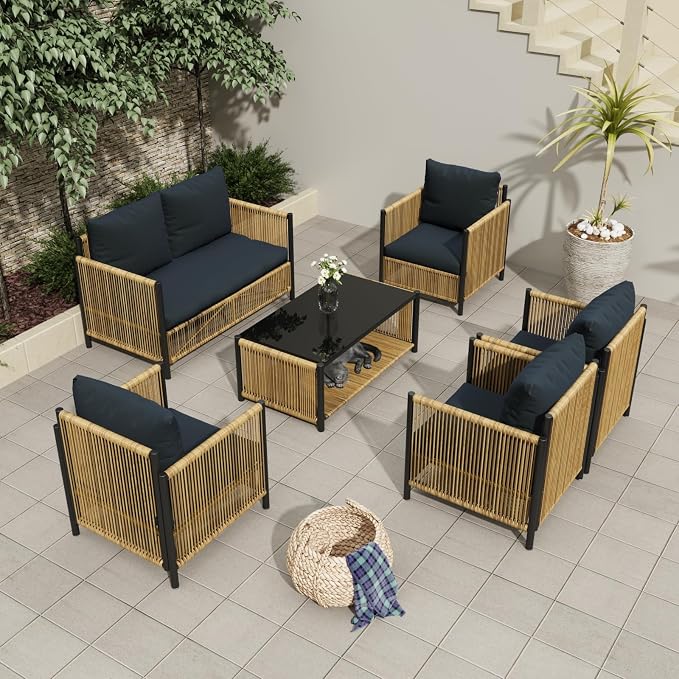 6 Pieces Aluminum Outdoor Patio Furniture Set - 4 Pcs Armchair, Loveseat & Dual-Layer Coffee Table - Rope Sectional Conversation Sofa Sets with Washable Thick Cushion for Garden Backyard Porch