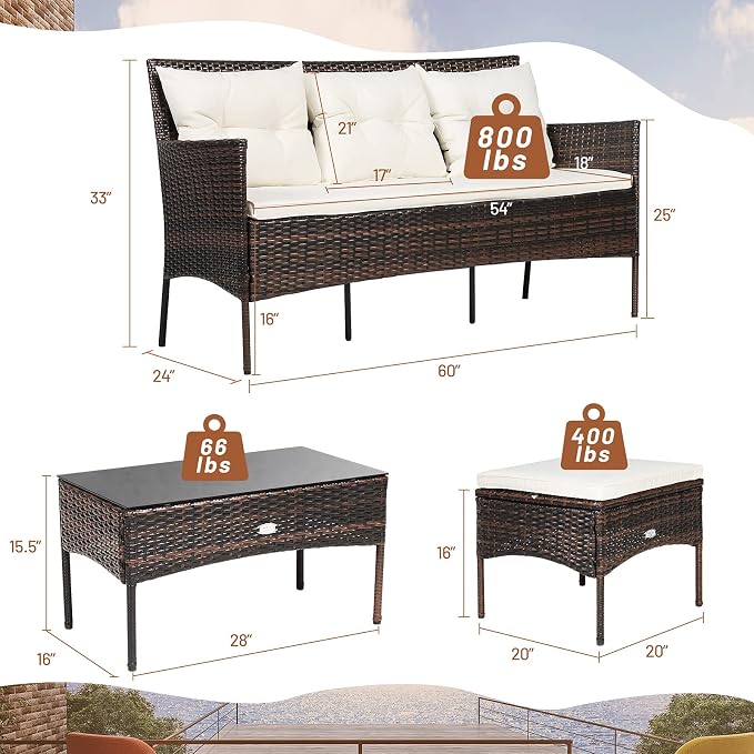 RELAX4LIFE 3 Pieces Patio Furniture Sectional Set, Rattan Wicker Conversation W/ 5 Cozy Seat & Back Cushions, Tempered Glass Coffee Table for Poolside, Balcony Outdoor Furniture (Beige+Brown)