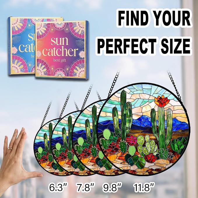 Birthday Gifts for Women - Cactus Flower Fairy Faux Stained Glass Window Hanging Sun Catcher for Door Garden Acrylic Home Decor Mother's Day for Mom Nana Friend Grandma Wife 9.8"