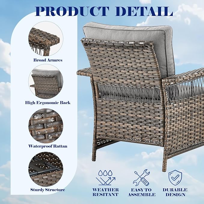 Outdoor Patio Chairs Wicker Chair - 3 Piece Rattan Patio Bistro Chairs Set with Sturdy Frame,All-Weather PE Wicker and Comfortable Cushions,1 Side Table for Outside Porch Deck Balcony(Brown/Grey)