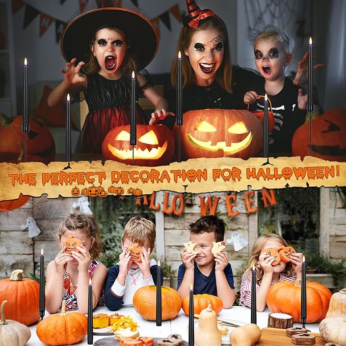 Black Flameless Taper Candles with Remote, Real Wax Halloween Candles, 9.6 Inch Battery Operated Led Candlesticks for Party Home Festival Decor, 3 Pack
