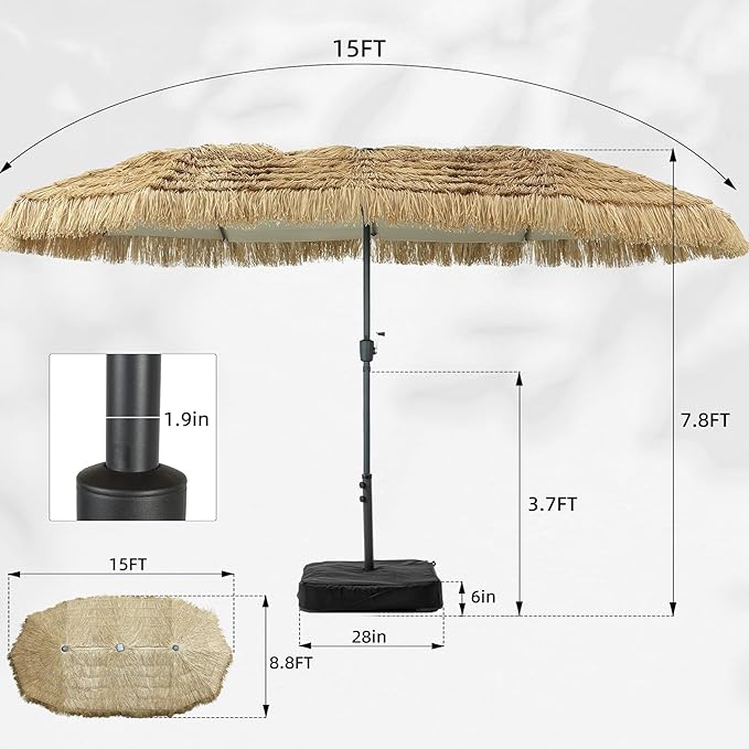 15 ft Patio Tiki Umbrella, Large Rectangle Outdoor Straw Umbrella with Matching Base for Market, Beach, Garden, Yard
