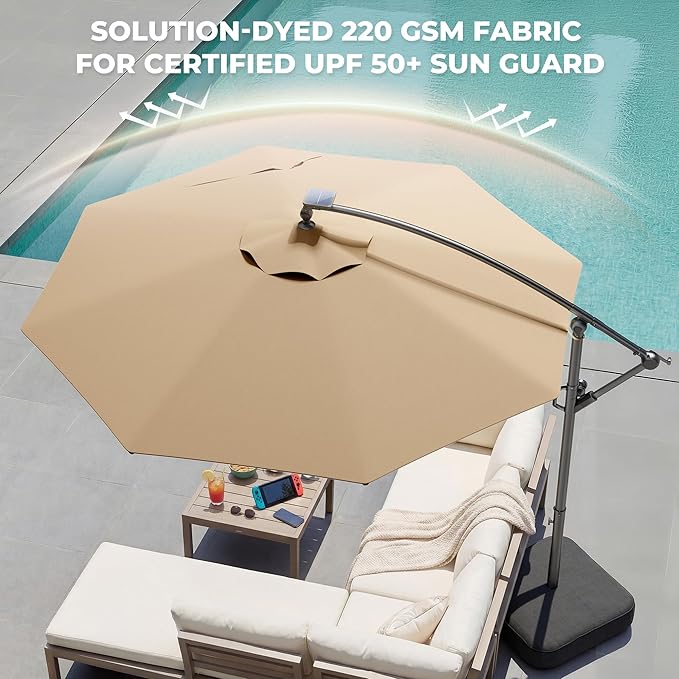 HOMSHADE 10 ft Offset Patio Umbrella with Solar Lights, LED Lighted Umbrella Outdoor Patio with Base Included, Heavy Duty Hanging Cantilever Umbrellas for Pool Deck with UV Protection&Easy Tilt, Beige