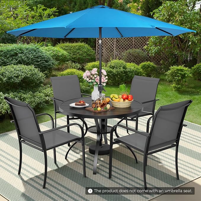 Incbruce 6 PCS Patio Dining Set with Sky Blue Umbrella, Outdoor Dining Set of 4 Textilene Chairs and 41" Round Table with Umbrella Hole for Backyard, Garden, and Poolside (Grey)