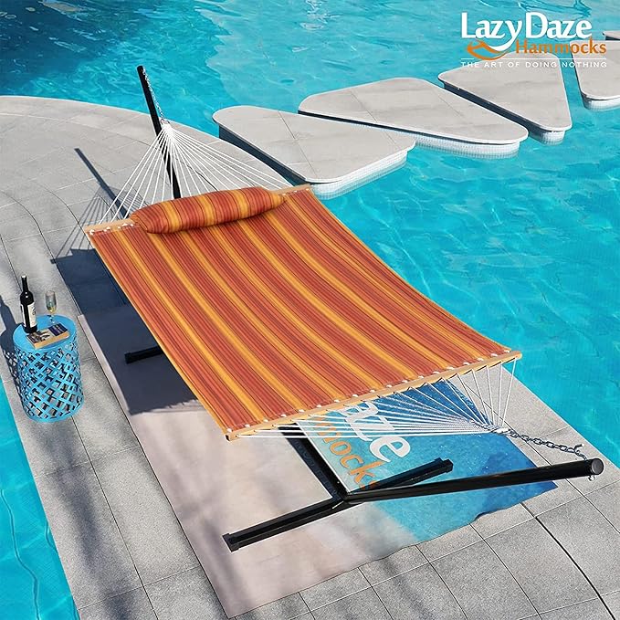 Lazy Daze Hammocks 12FT Quilted Hammock Double 2 Person Hammock with Spreader Bar and Pillow for Outside Outdoor Patio Backyard QFH12