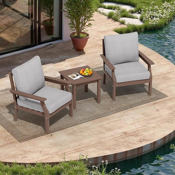 HDPE Patio Conversation Set, 3-Piece All Weather Outdoor Furniture Set with 2 Single Sofas for Deck, Lawn, with Cushion, Brown