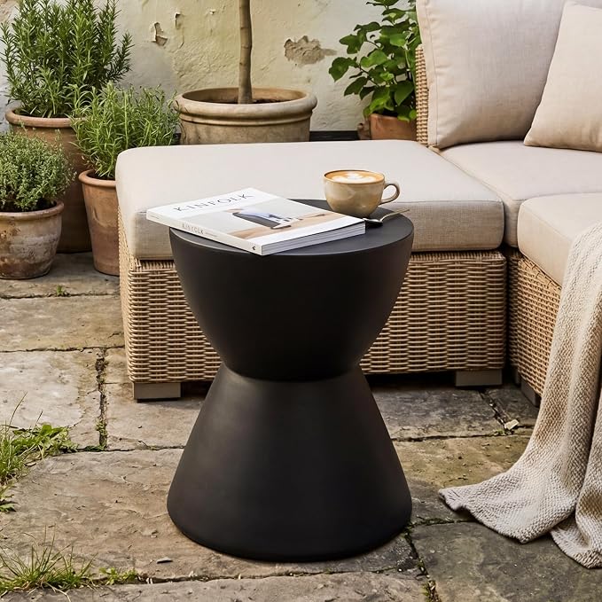 HOMPUS Outdoor Side Table Hourglass Shaped, Concrete End Table, Round Drum Patio MgO Coffee Lightweight Table, Modern Garden Planter Stand for Indoor Outdoor Use, Black