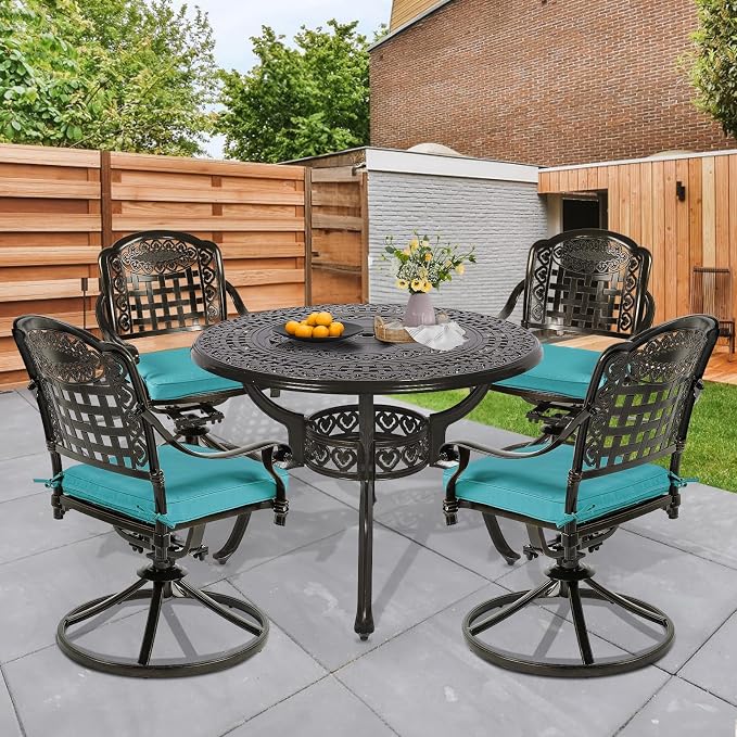 5 Piece Patio Dining Set, Outdoor Table and Chairs Set for 4 Cushioned Swivel Rocking Chairs and 38.5'' Round Table, All-Weather Cast Aluminum Patio Funiture Set, 2'' Umbrella Hole, Blue