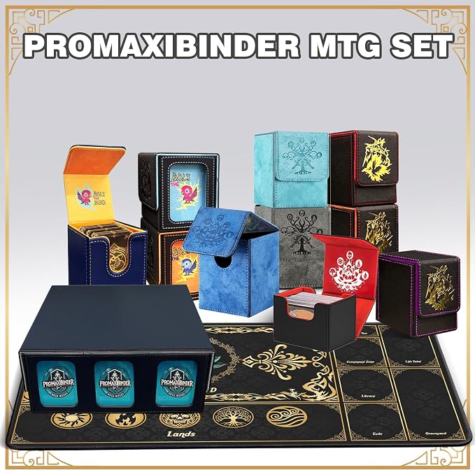PROMAXIBINDER MTG Trading Card Storage Box with Playmat Fits 3000+ Cards, B-Row Commander Deck Case, 3 Display Windows, 6 Movable Partitions, 24 Dividers, for Magic/TCG/YuGiOh/Sport (Black&Grey)
