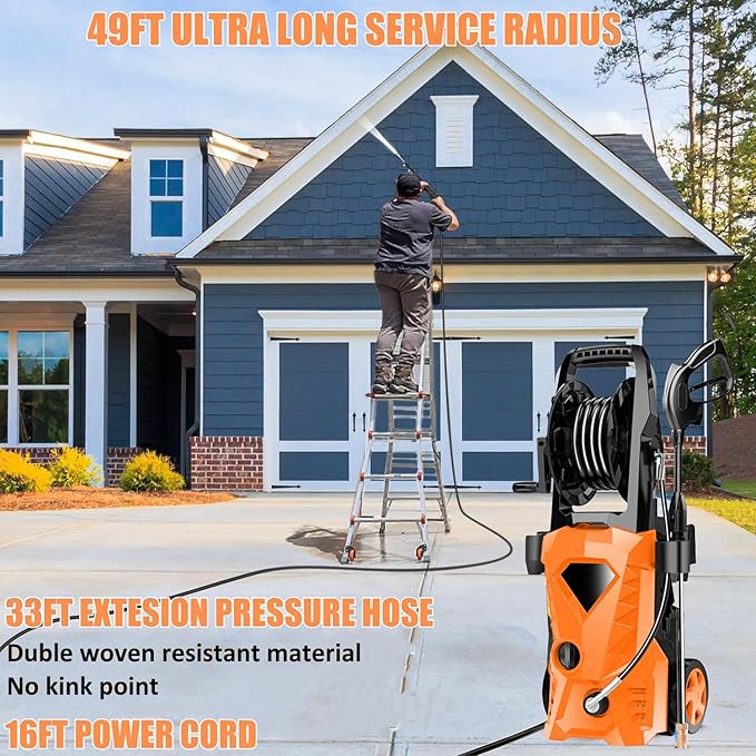 Electric Pressure Washer 5000 PSI Portable Power Washer with 33FT Pipe, 4 Nozzle Set for Home/Cars/Fences/Windows, Orange