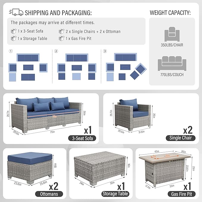 WAROOM Patio Furniture Set 6 Piece PE Rattan Outdoor Conversation Sets Grey Wicker Couch Sectional Sofa with Fire Pit Table and Navy Blue Cushion