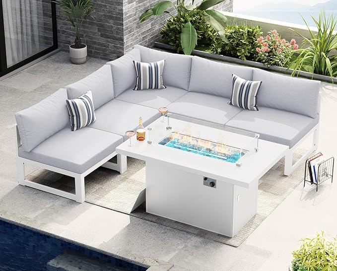 NICESOUL 6 Piece Aluminum Patio Furniture Set with Fire Pit Table Propane/Natural Gas, 29'' Deep Seating White Outdoor Sectional Sofa, Modern Large L-Shaped Conversation Couch for Deck, Light Grey