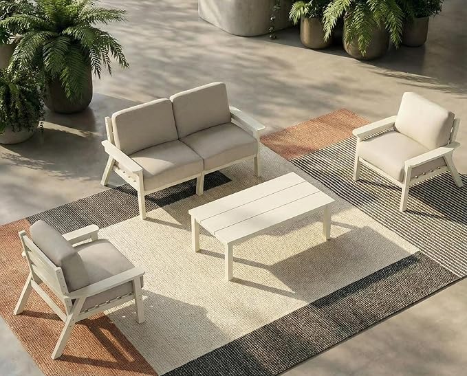 HDPE 5 Piece Patio Furniture Set, Outdoor Sectional Furniture with Beige Washable Thick Cushions & Coffee Table, Patio Conversation Sets for Garden, Porch, Balcony, Deck (White Frame)