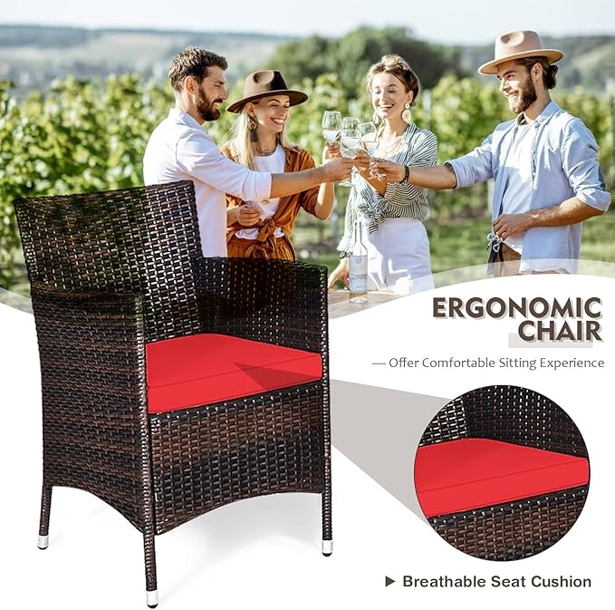 DORTALA 3 Piece PE Rattan Patio Furniture Set, Outdoor Chairs & Table Set with Tempered Glass Top & Cushions, Wicker Conversation Set for Garden Backyard, Red