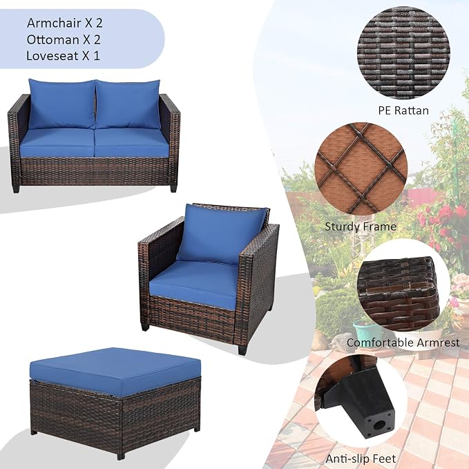 Tangkula 5 Pieces Patio Wicker Furniture Set, Outdoor Rattan Sofa Set with Removable Cushions, Loveseat with 2 Single Sofas & 2 Ottoman, Sectional Sunbed Conversation Set for Yard, Garden, Poolside