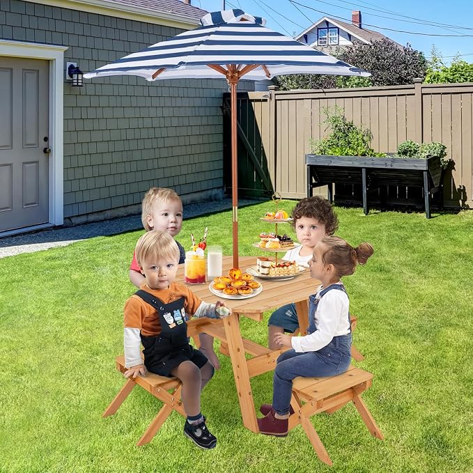 Costzon Kids Picnic Table, Fir Wood Octagon Kids Table and Chair Set with Removable Umbrella, Toddler Activity Table for Backyard, Garden, Patio, Kids Outdoor Furniture for Boys Girls (Natural)