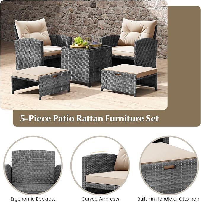 Tangkula 5 Pieces Patio Conversation Set, PE Wicker Rattan Outdoor Furniture Set with 2 Chairs, 2 Ottomans & Tempered Glass Coffee Table, Ideal for Poolside, Backyard, Lawn, Deck, Mix Grey & Beige