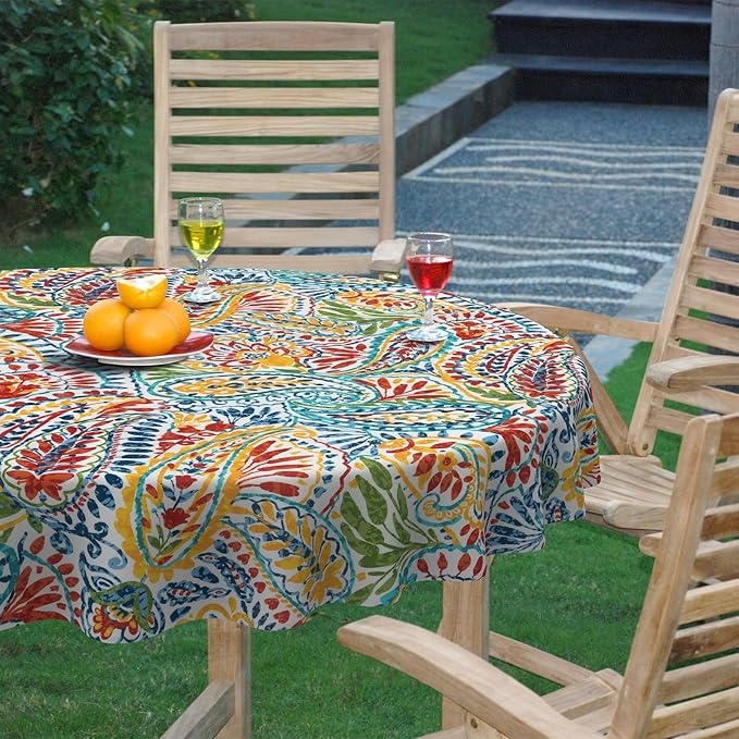 DYTXIII Outdoor Round Tablecloth with Umbrella Hole 60 Inch, Water Repellent & Fade Resistant Table Cover, All Weather Outdoor Tablecloth for Garden & Party Table, Paisley Multi