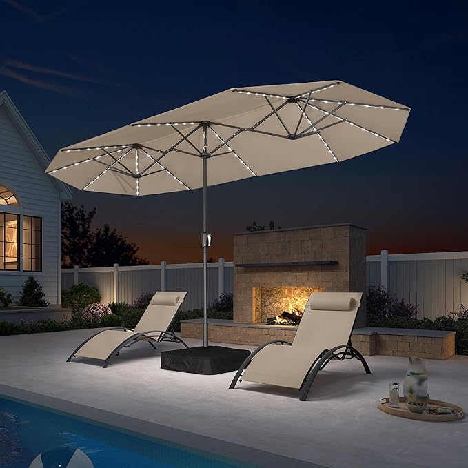 PURPLE LEAF 13ft Double-Sided Patio Umbrella with Solar Lights Outdoor Market Umbrella with Base and Crank Handle Table Umbrella for Backyard Pool Garden Deck, Khaki