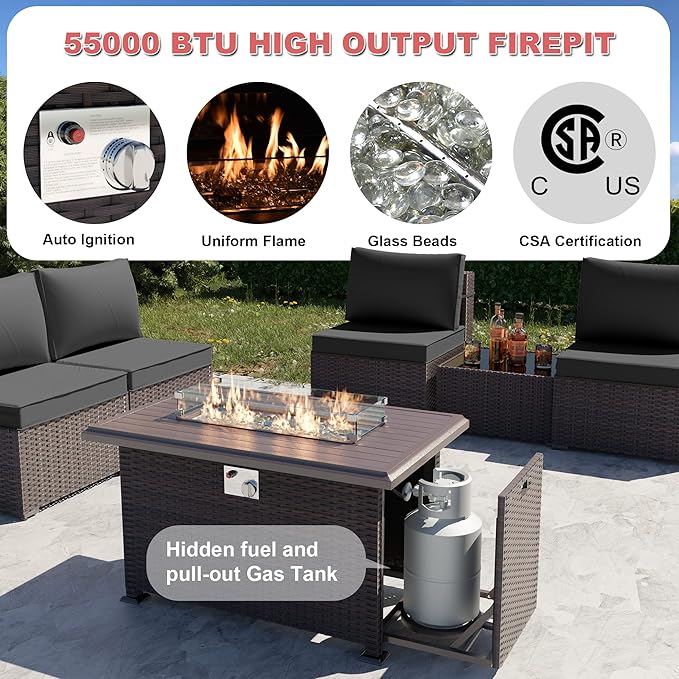 Patio Furniture Set with Fire Pit Table 13-Pieces Outdoor Sectional Furniture Outdoor Rattan Patio Conversation Sets with 43in Propane Gas Fire Pit Table and Glass Table, Grey