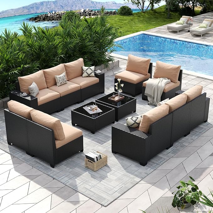 Aoxun Patio Furniture Set, 12 Pcs Outdoor Patio Furniture Sets with 4 in Thicken Cushion and Coffee Table, Widen Armrests Wicker Outdoor Sectional for Backyard and Garden, Beige
