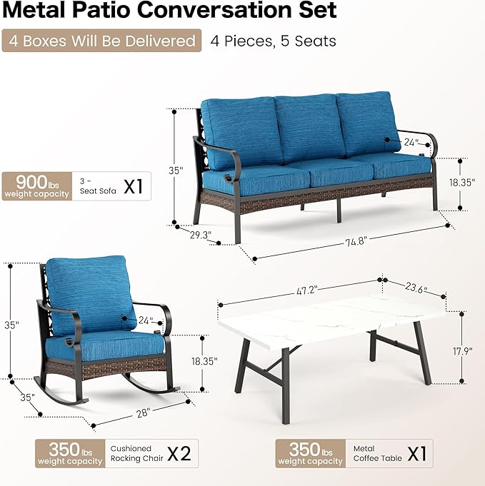 4 PCS Metal Outdoor Patio Furniture Set, Patio Conversation Sets 1 3-seater Sofa, 2 Rocking Chairs with 5.75" Extra Thick Cushion & Coffee Table, Black Frame Backyard Furniture, Blue-2