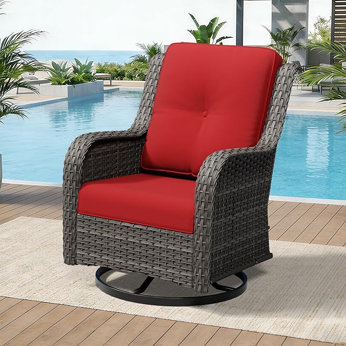 Outdoor Swivel Rocker Patio Chair - Outdoor Wicker Patio Furniture with Thickened Olefin Cushions, High Back and Deep Seating, Hand-Woven PE Rattan for Porch, Deck, Balcony, Red