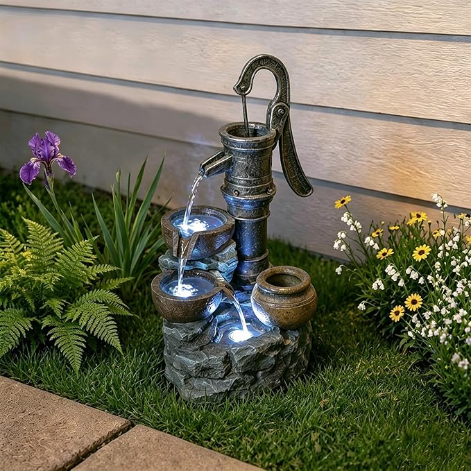32 Inch Outdoor Water Fountain with Vintage Hand Pump LED Light Cascading Waterfall Garden Fountain Freestanding Resin Water Feature for Patio Yard Lawn Porch Backyard Décor