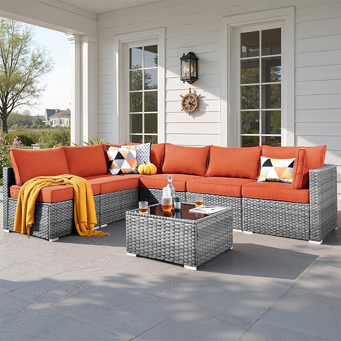 7 PCS Outdoor Patio Furniture Sets,Wicker Weather Resistant Patio Conversation Set with Comfy Cushions,Modular L Shaped Sofa with Coffee Table for Yard Backyard Porch Garden Poolside,Orange Red