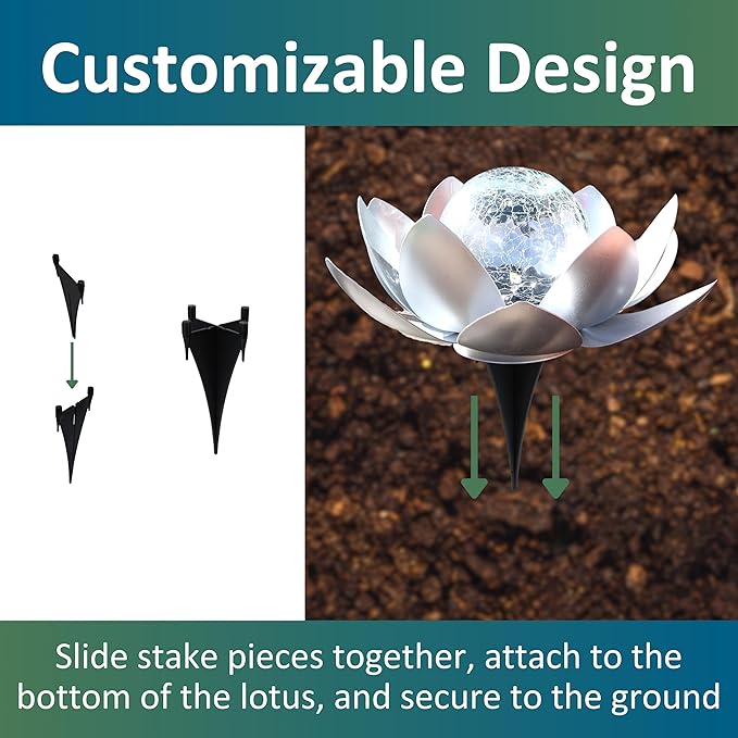 MCSLOTUS-S Silver Lotus Flower Solar LED Garden Light with Crackled Glass Globe – Waterproof Metal Outdoor Décor
