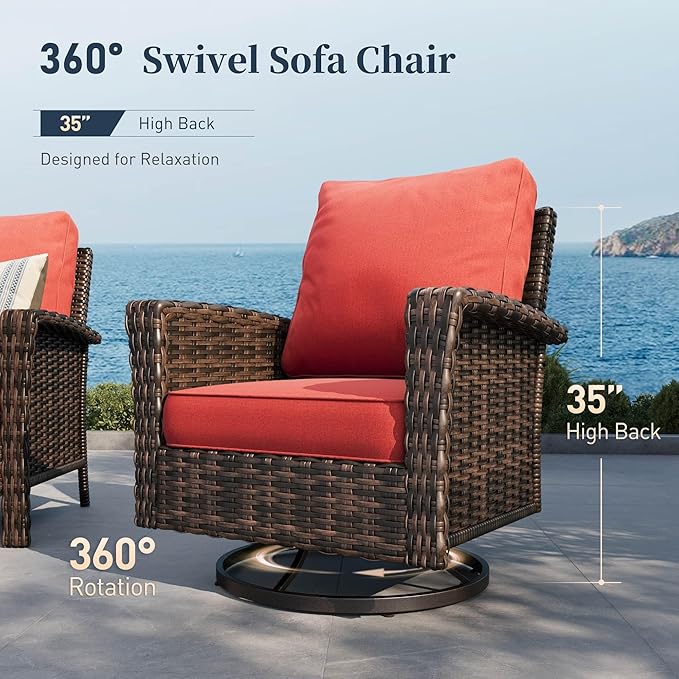 Patio Furniture Set with Swivel Chairs, High Back Wicker Rattan Furniture with 5.5" Thick Cushions and Coffee Table, Outdoor Conversation Set for Backyard Deck, 5 Seats, Red