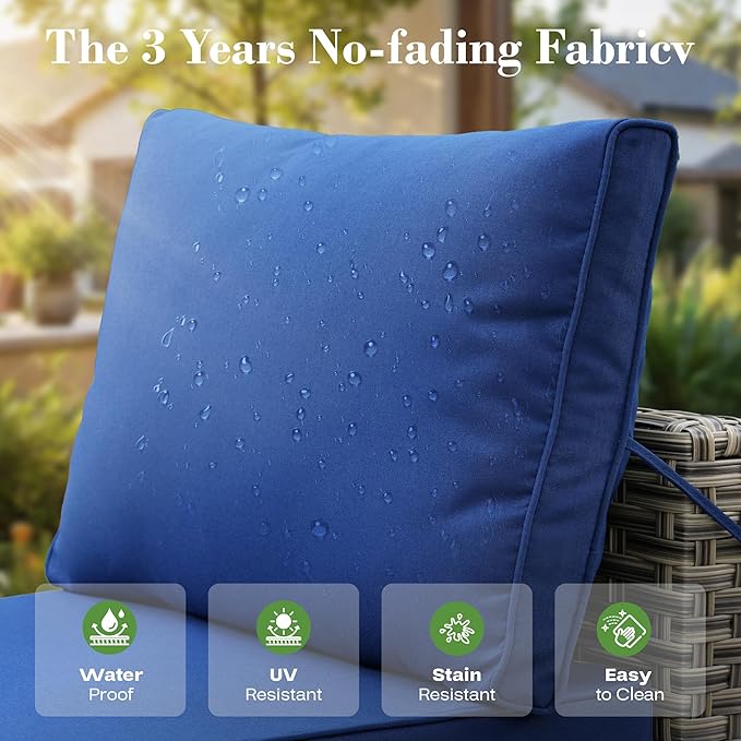 5 Piece Outdoor Patio Furniture with Glowing Coffee Table, Rattan Wicker Conversation Set with Sofa, Sectional Single Chairs for Outside Porch Balcony Backyard Pool,Blue