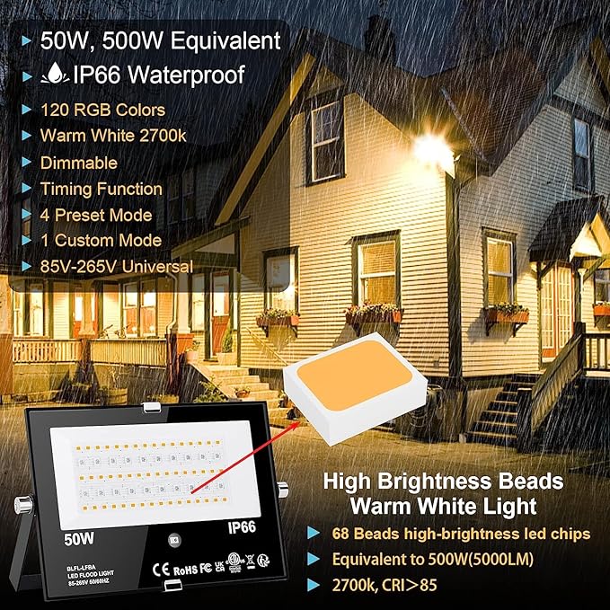 LED Flood Light Outdoor RGB Stage Lights Color Changing 500W Equivalent 2700k Warm White 5000LM(Remote Control, 120 Colors Strobe, Dimmable, Timing, US 3-Plug) Wall Wash Landscape Spotlight 2 Pack