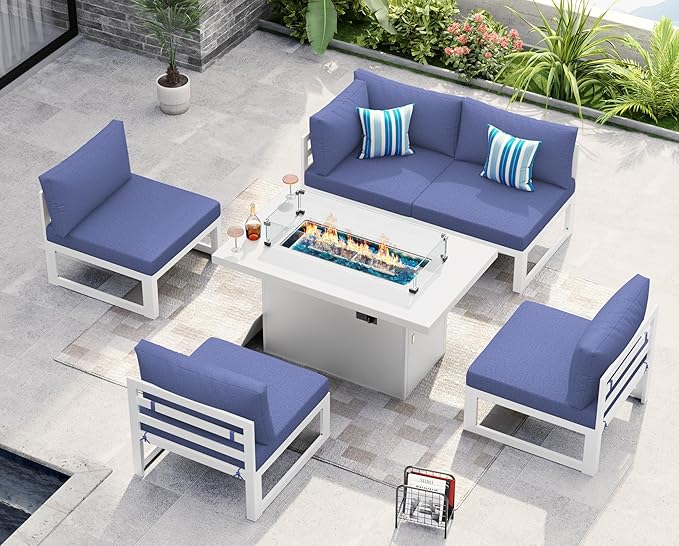 NICESOUL® 6 Piece Modern Large Aluminum Outdoor Patio Sectional Set with Firepits Propane/Natural Gas, All Weather 29'' Deep Wide Modular Conversation Sets, 500lbs Heavy Duty Sectionals, Denim Blue