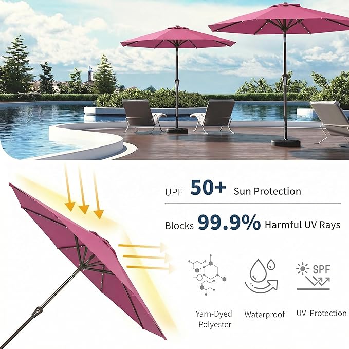 9FT Solar Umbrella 32 LED Lighted Patio Umbrella Table Market Umbrella w/Tilt and Crank, UV-Resistant Outdoor Umbrella for Pool, Garden, Deck, Rose Pink