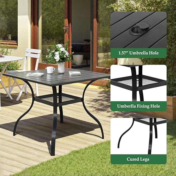 Crownland 5 Piece Outdoor Dining Set, Patio Metal Dining Sets, 4 Stackable Metal Chairs and Square Outdoor Dining Table with 1.57" Umbrella Hole, for Backyard, Lawn, Garden (Classic Black)