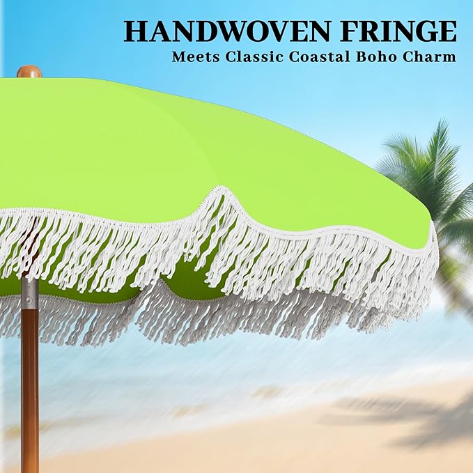 AreShark 7ft Patio Umbrella with Fringe, UPF50+ Beach Umbrella for Table, Pool & Garden, Portable Outdoor Tassels Umbrella w/Fiberglass Ribs&Push Bottom Tilt(Apple Green)