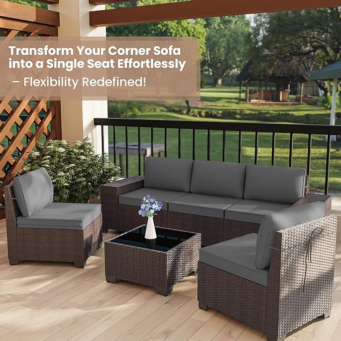6 PCS Outdoor Patio Furniture Set,Outdoor Sectional Furniture All Weather PE Rattan Wicker Patio Conversation Set with Coffee Table and 5 Thickened Cushions,Grey