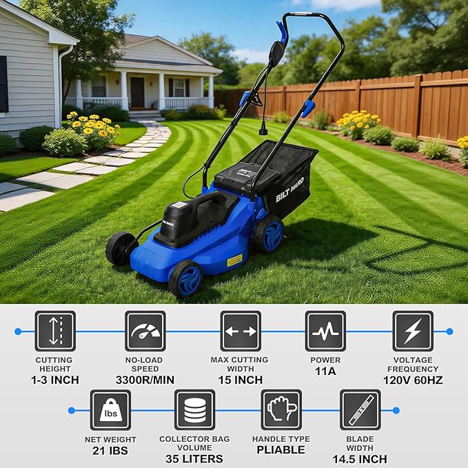 BILT HARD Corded Electric Lawn Mower 15 Inch, 11Amp Electric Push Mower with 9.2 Gallon Collection Bag, 5 Height Adjustment, Lightweight Lawnmower for Garden, Yard