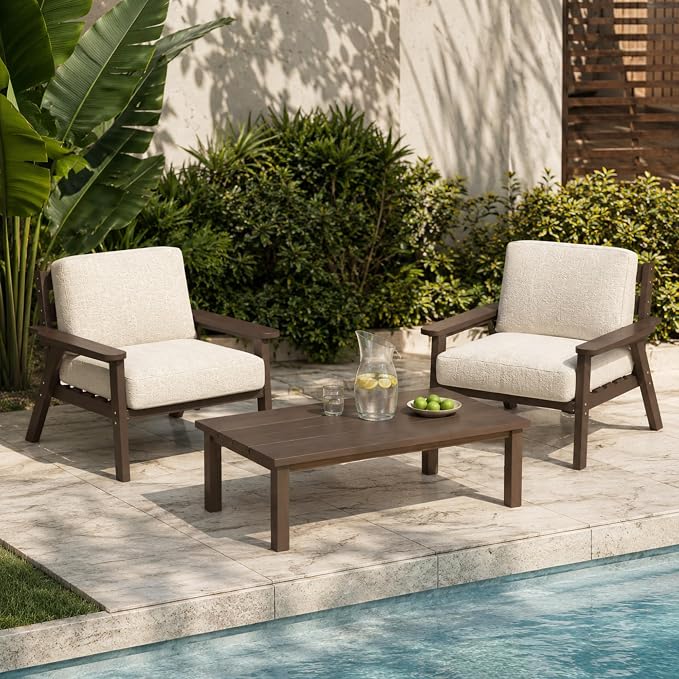 43.9" HDPE Outdoor Coffee Table (Brown) | All-Weather HDPE, Easy Assembly, Low-Maintenance, Large Tabletop, For Patio Deck Poolside Backyard Use