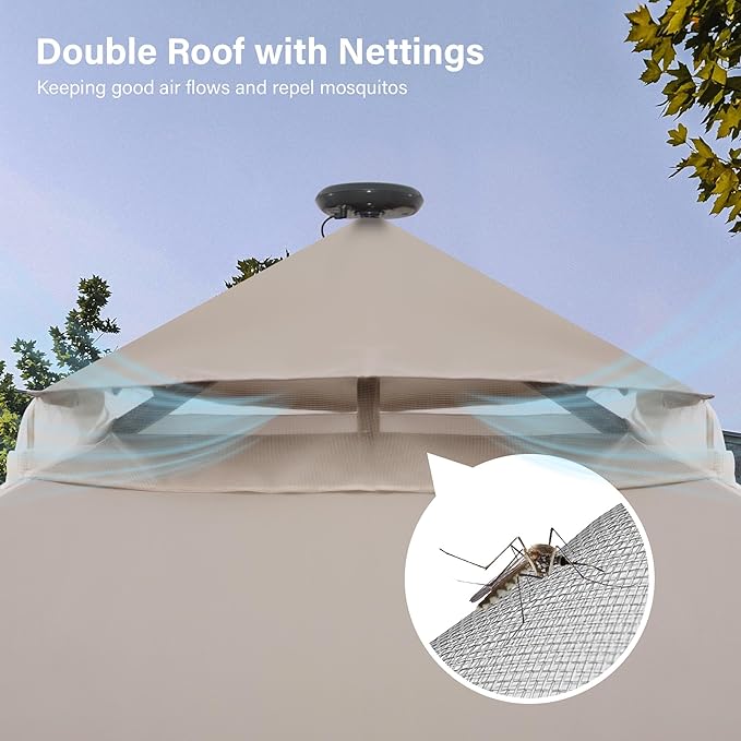 LAUSAINT HOME Patio Gazebo 10'x10' with Solar LED Roof Lights, Outdoor Heavy Duty Party Tent Shelter with Double Roofs, Mosquito Netting & Privacy Curtains for Backyard, Garden, Lawn, Khaki